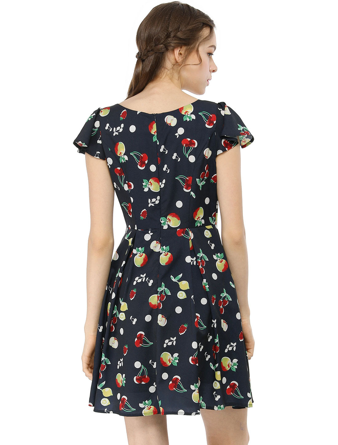 Allegra K Retro Sweetheart Neck Cap Sleeves A-Line Cherry Fruit Floral Dress