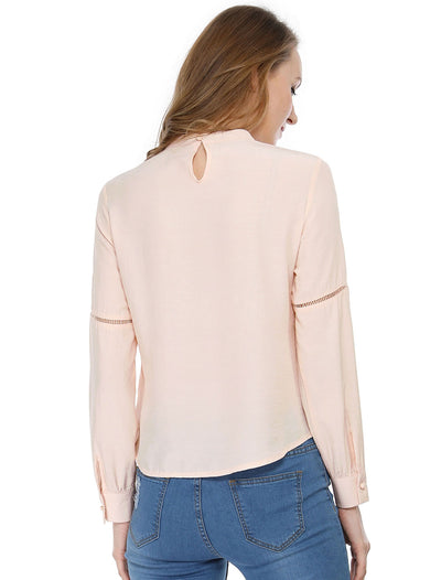 Floral Embroidery Long Sleeve Blouse Mock Neck Casual Peasant Top