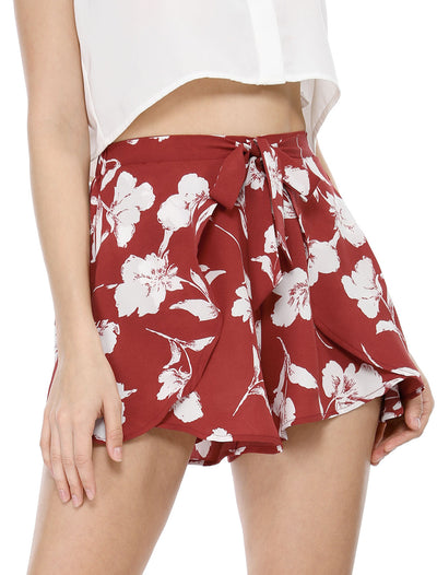 Allegra K Summer Beach Casual Elastic Waist Wide Leg Floral Shorts