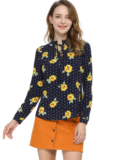 Ruffled Tie Neck Long Sleeve Floral Polka Dots Blouse Tops
