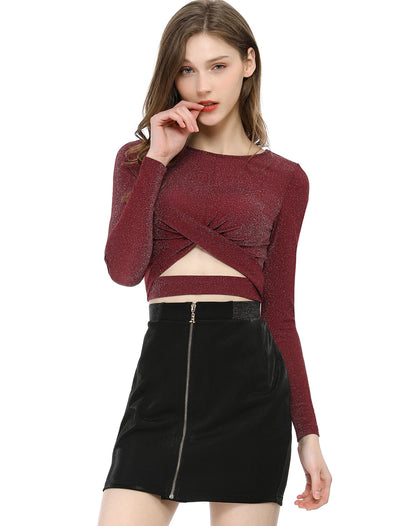 Glitter Crop Tops Twist Long Sleeve Cut Out Slim Fitted Sparkle Top