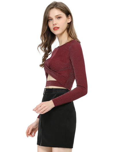 Glitter Crop Tops Twist Long Sleeve Cut Out Slim Fitted Sparkle Top