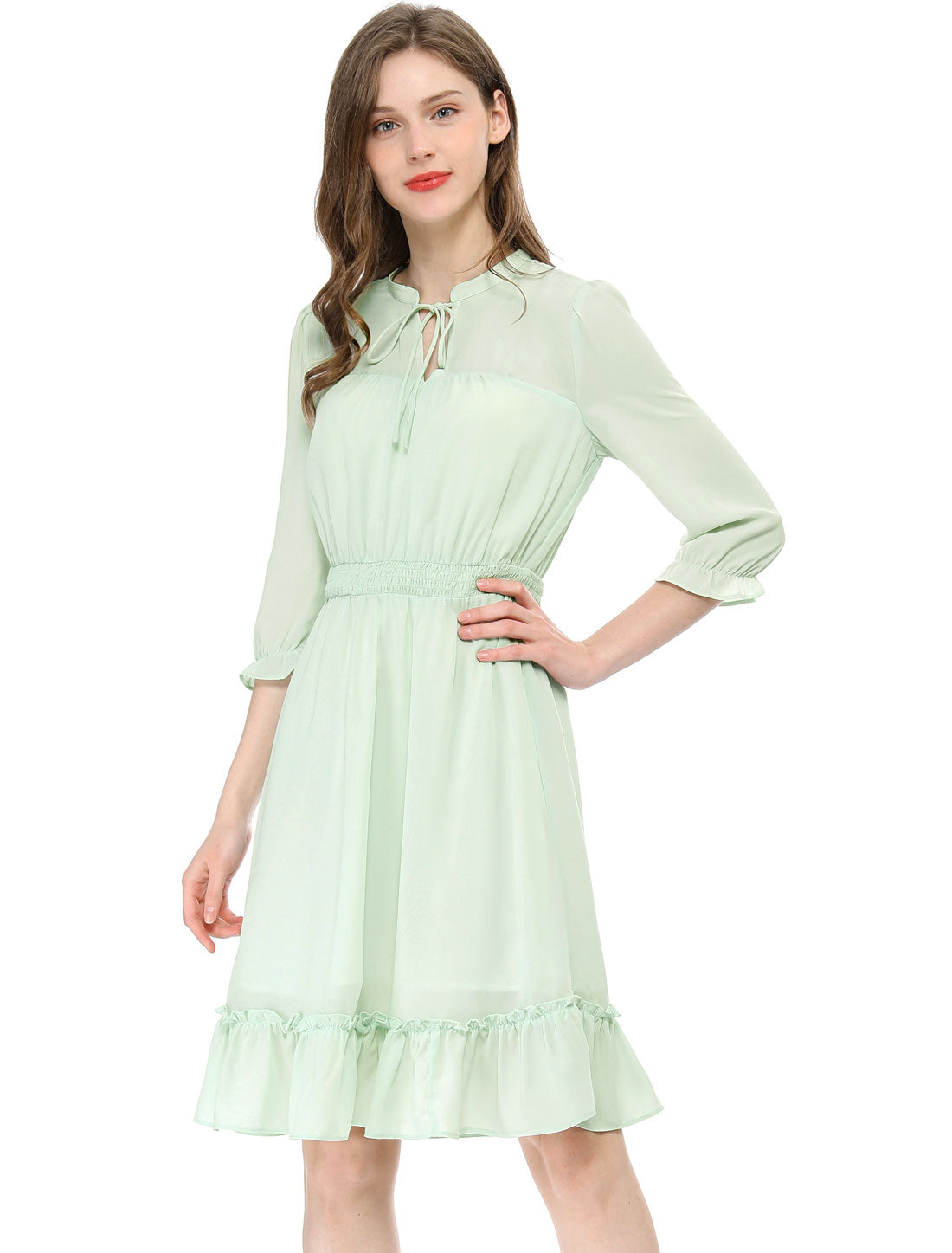 Allegra K Ruffle Hem 3/4 Sleeve A-Line Smocked Short Chiffon Dress