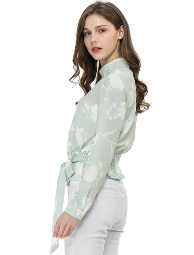 Stand Collar Long Sleeve Tie Smocked Waist Cropped Floral Blouse