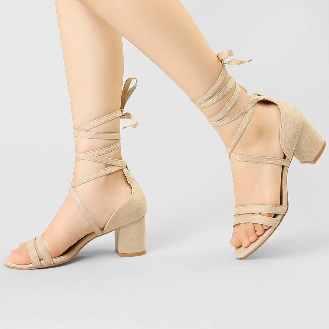 Allegra K Open Toe Color Block Heel Lace Up Sandals