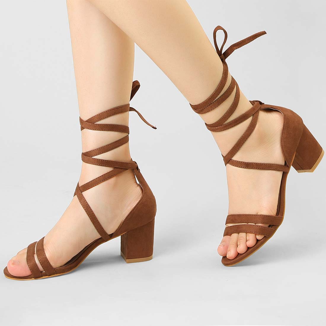 Allegra K Open Toe Color Block Heel Lace Up Sandals