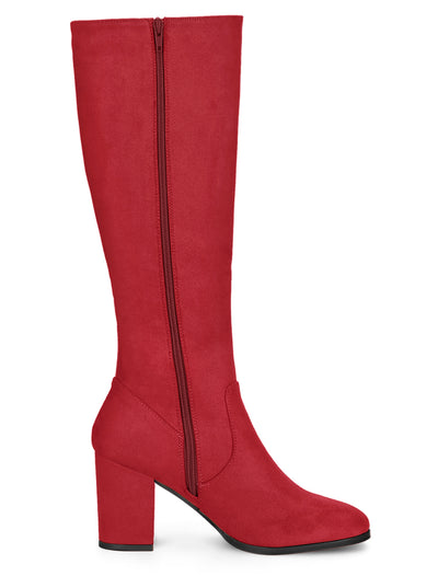 Faux Suede Side Zipper Chunky Heel Knee High Boots
