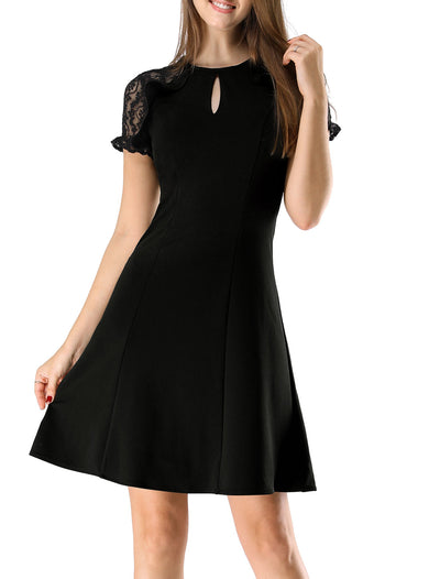 Allegra K Ruffle Keyhole Lace Sleeve Fit and Flare Dress