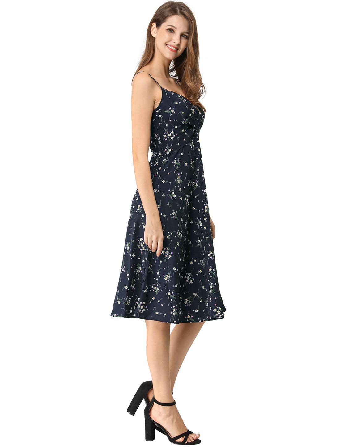 Allegra K Floral Twist Front Knee Length Summer Adjustable Strap Dress