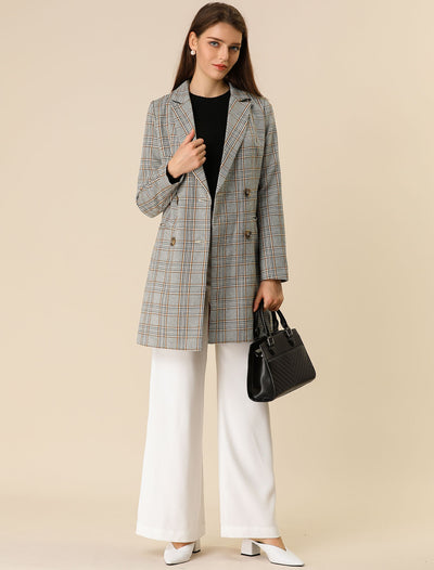 Allegra K Double Breasted Notched Lapel Plaid Trench Blazer Coat
