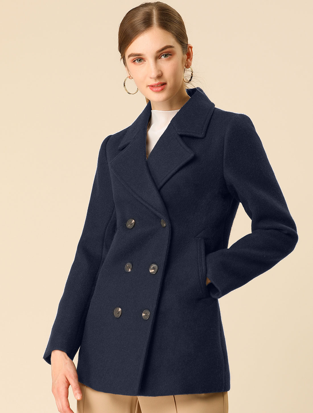 Allegra K Long Sleeve Double Breasted Button Winter Outerwear Pea Coat