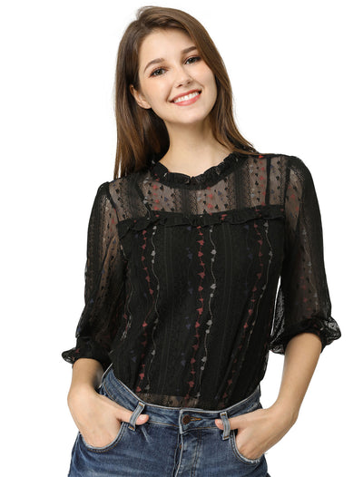 Allegra K Valentine's Day 3/4 Sleeve Ruffle Mock Neck Sheer Lace Top