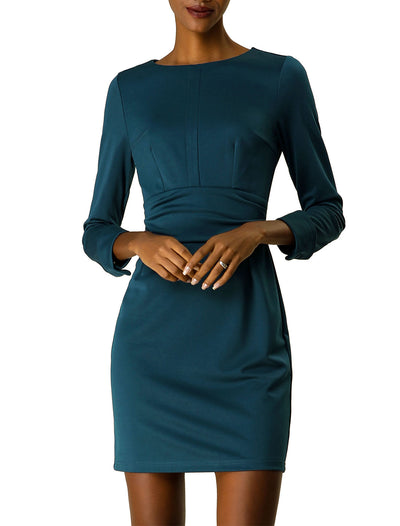 Spring Boat Neck Cinched Waist 3/4 Sleeve Work Office Pencil Dress