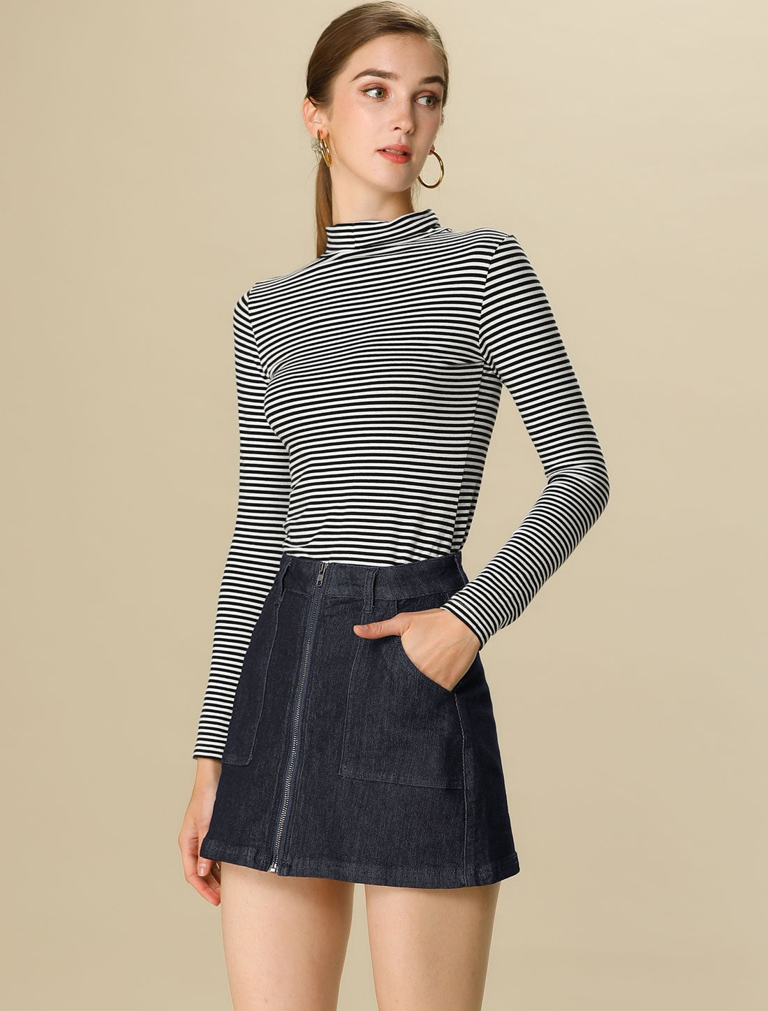 Allegra K Jean Zipper Front High Waist Pocket Mini Denim Skirt