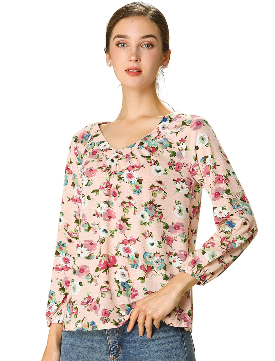 Allegra K Casual V Neck Shirt Fall Floral Blouse Top