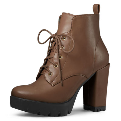 Round Toe Chunky Heel Lace Up Platform Boots