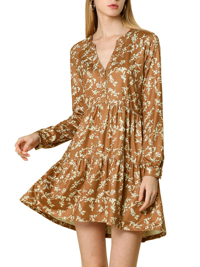 V Neck Long Sleeve Floral Tiered Fall Babydoll Dress