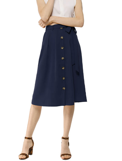Button Front Casual High Waist Belted Midi Flare Skirt