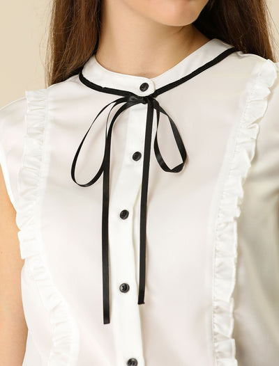 Cute Tie Neck Summer Ruffle Solid Color Sleeveless Button Down Shirt