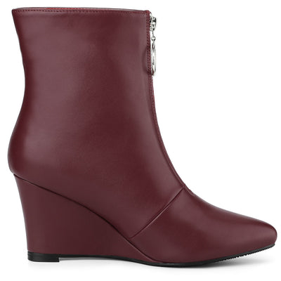 Front Zip Pointed Toe Low Wedge Ankle Boots