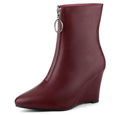 Front Zip Pointed Toe Low Wedge Ankle Boots