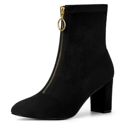 Front Zipper Chunky High Heel Ankle Boots