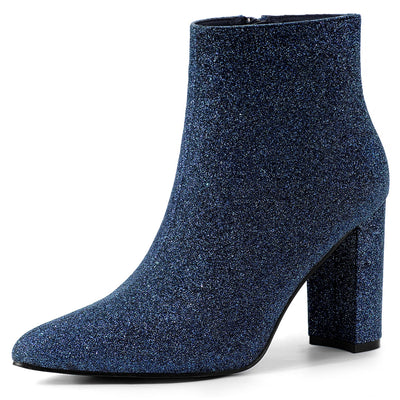 Glitter Pointed Toe Chunky Heel Zipper Ankle Boots