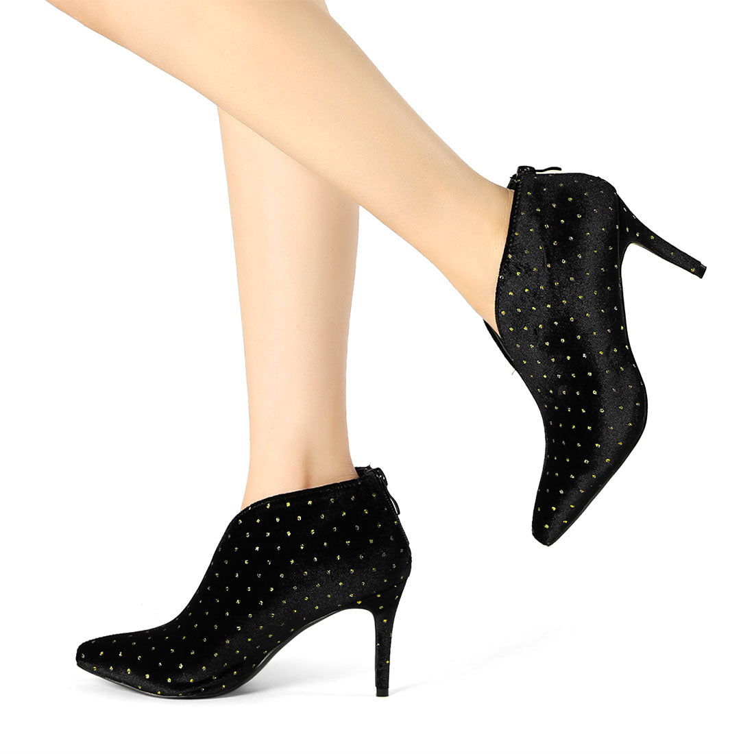 Allegra K Velvet Polka Dot V Cutout Pointed Toe Heel Ankle Boots