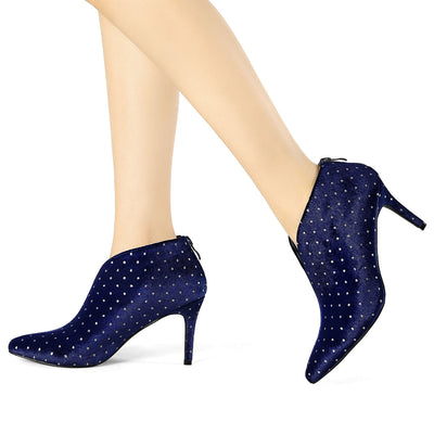 Velvet Polka Dot V Cutout Pointed Toe Heel Ankle Boots