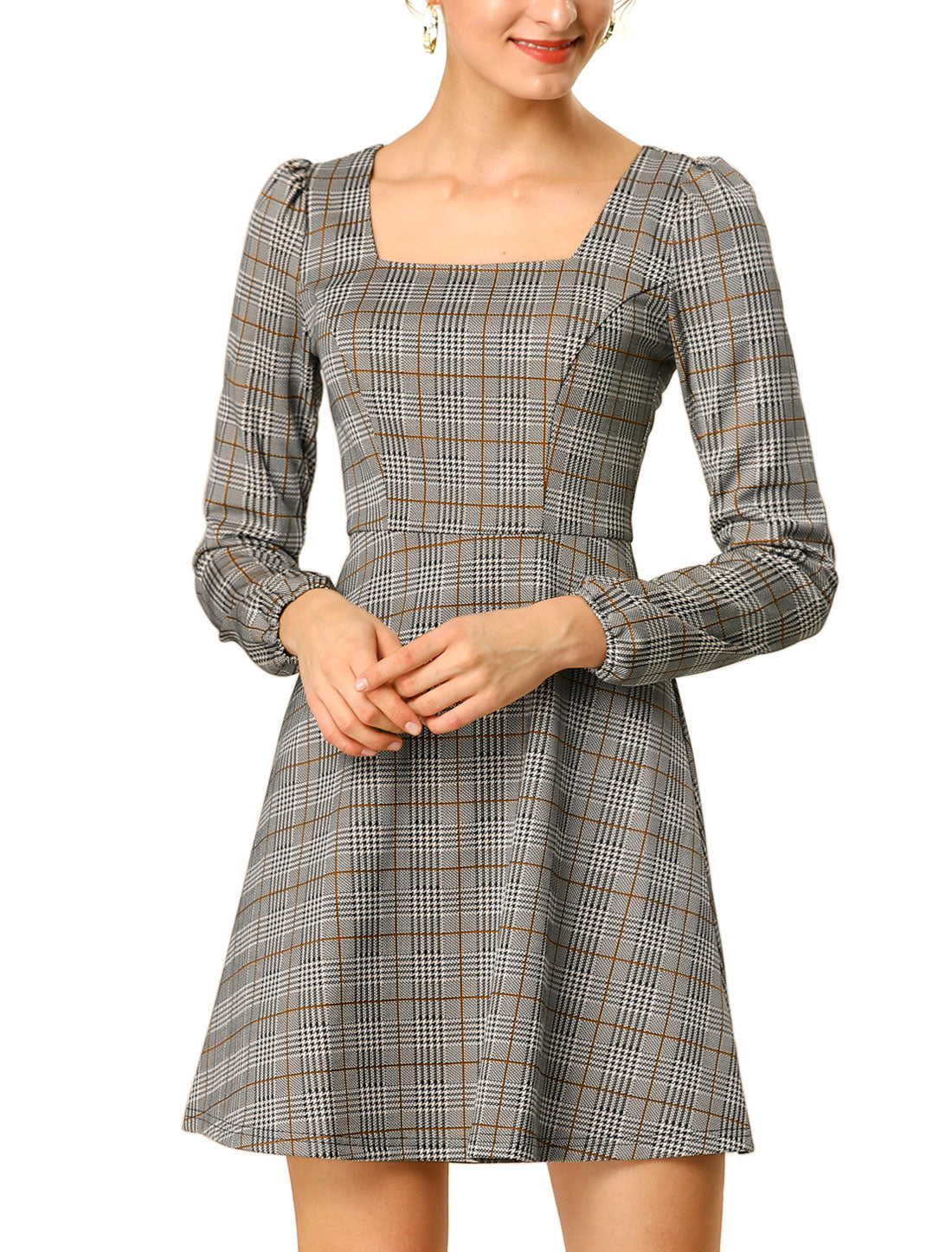 Allegra K Fall Vintage Square Neck Long Sleeve Plaid Dress