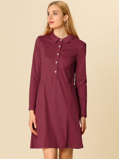 Chambray Half Placket Long Sleeve Belted Casual Safari Shirt Dress