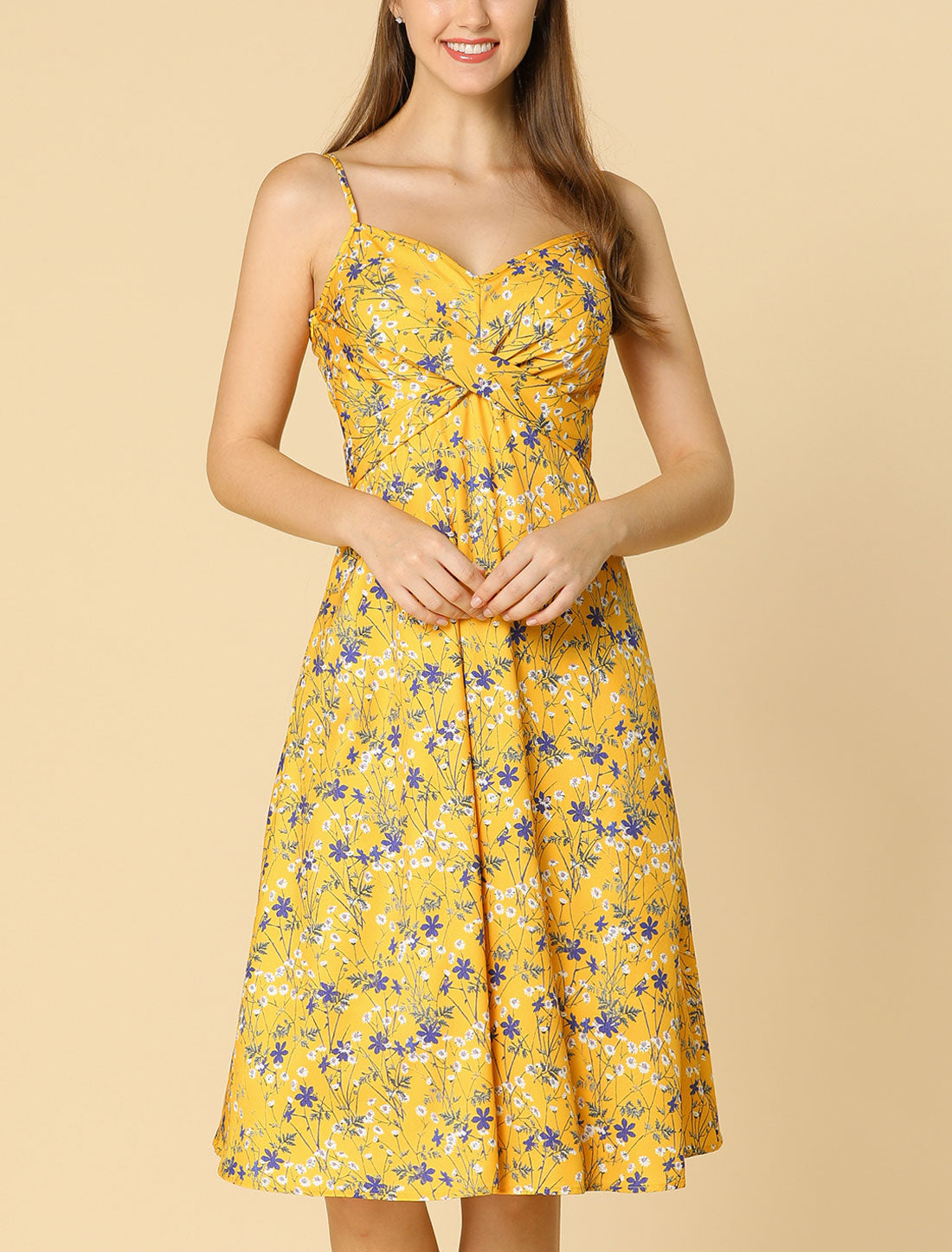 Allegra K Floral Twist Front Knee Length Summer Adjustable Strap Dress