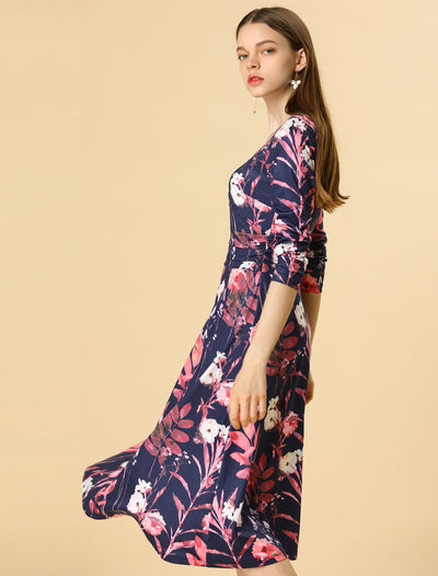 Floral V Neck Wrap Pleated Waist A-line Fit and Flare Dress