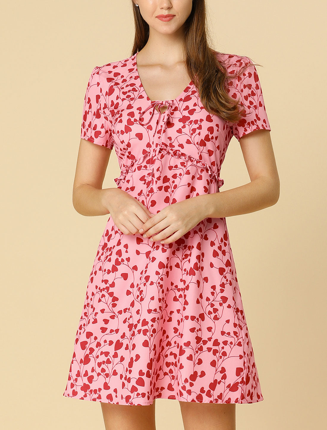 Allegra K Floral Ruffle Trim Tie Front Short Sleeve Summer Flowy Dress