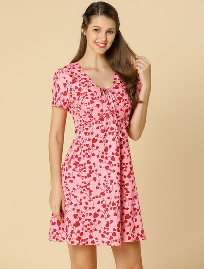 Floral Ruffle Trim Tie Front Short Sleeve Summer Flowy Dress