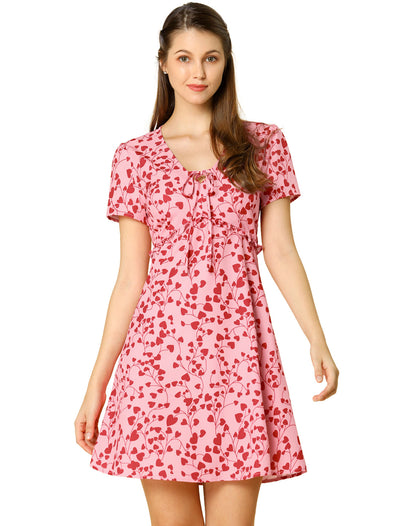 Floral Ruffle Trim Tie Front Short Sleeve Summer Flowy Dress
