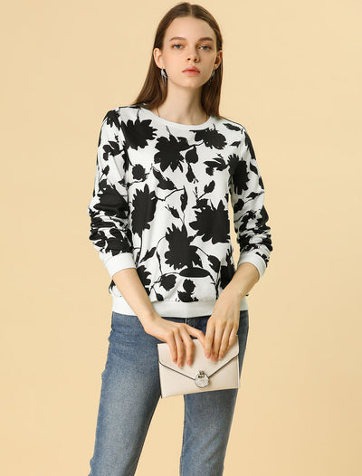 Floral Leaf Print Long Sleeve Casual Pullover Sweatshirt