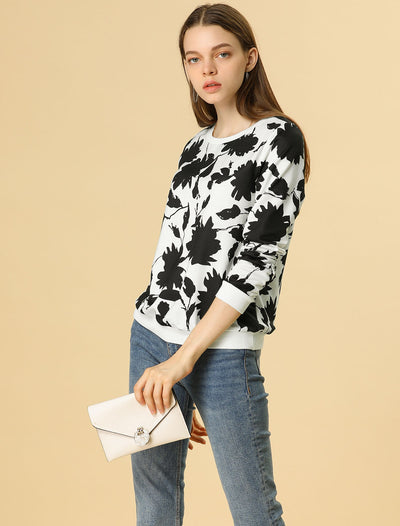 Floral Leaf Print Long Sleeve Casual Pullover Sweatshirt