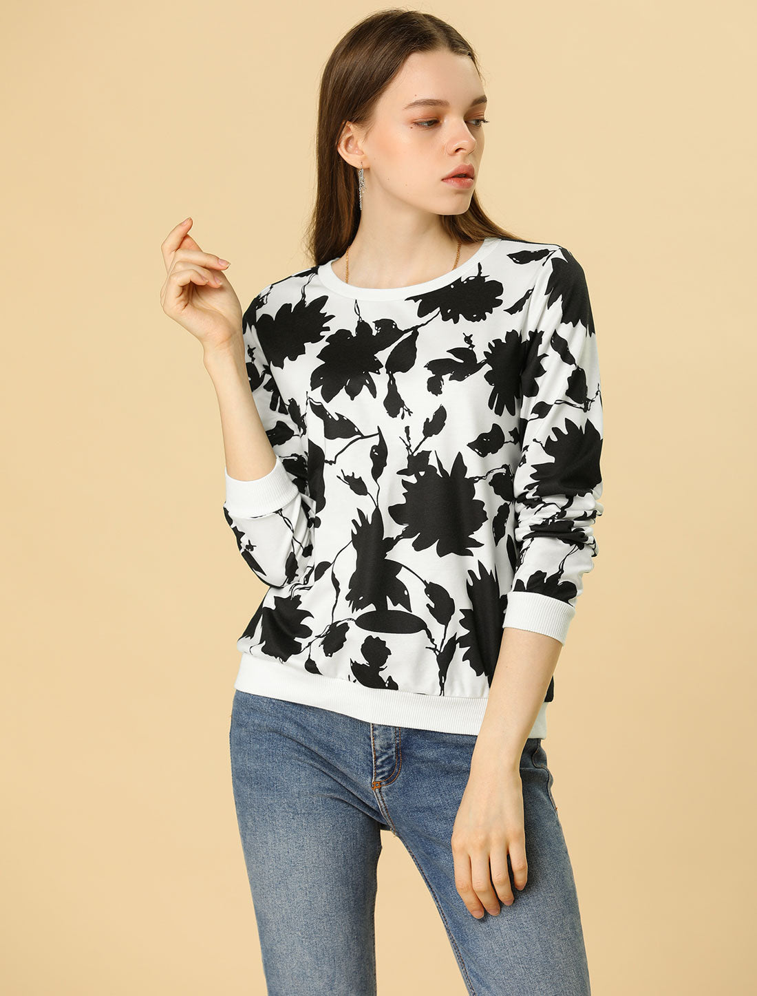 Allegra K Floral Leaf Print Long Sleeve Casual Pullover Sweatshirt