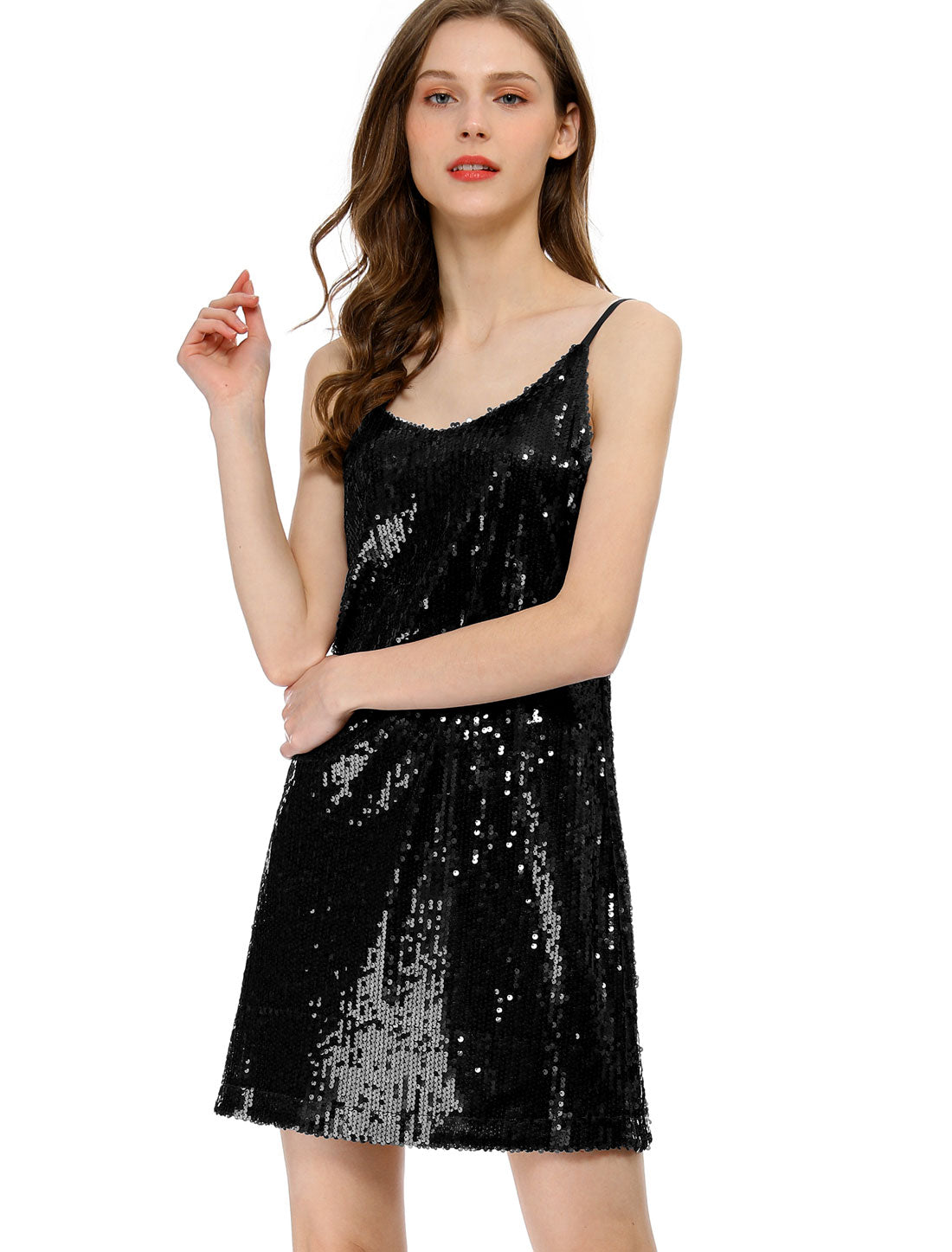 Allegra K Glitter V Neck Spaghetti Strap Clubwear Mini Party Dress