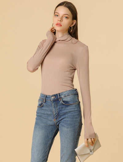 Allegra K Turtleneck Solid Knitted Long Sleeve High Neck Ribbed Sweater