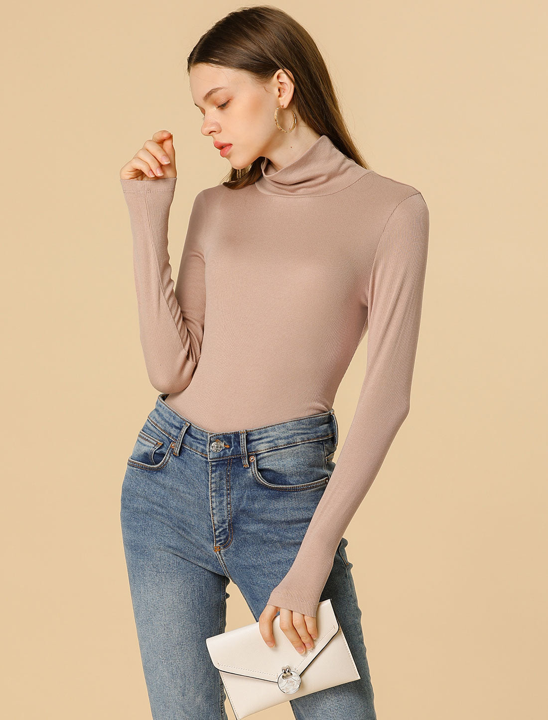 Allegra K Turtleneck Solid Knitted Long Sleeve High Neck Ribbed Knit Top