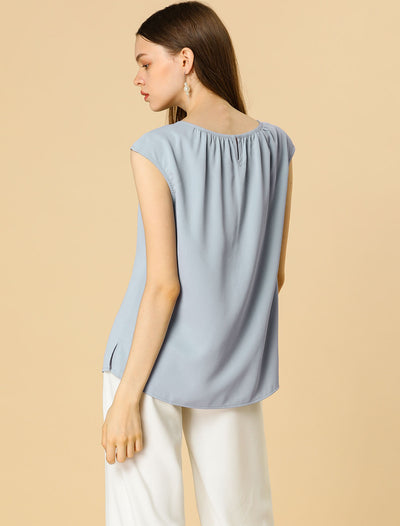 Work Business Top Pleated Round Neck Chiffon Cap Sleeve Casual Blouse