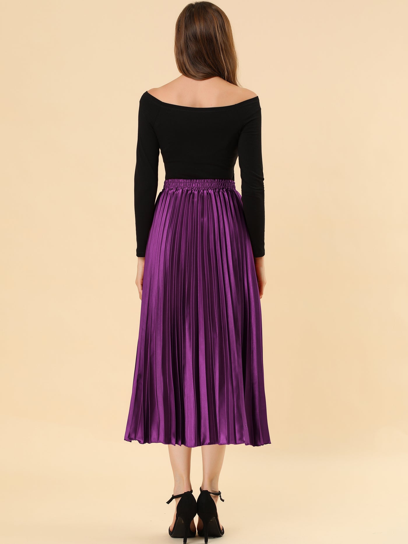 Allegra K Party Elastic Waist Metallic Shiny Pleated Midi Skirt