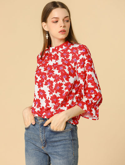 Floral Blouse Stand Collar Bow Tie Back Ruffled 3/4 Bell Sleeve Top