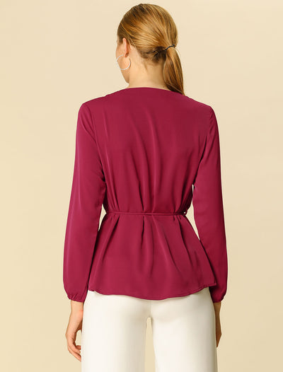 Long Sleeve Peplum Round Neck Solid Belted Waist Pleated Blouse