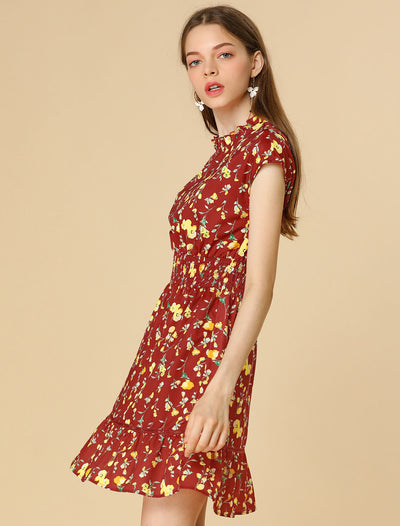 Cap Sleeve Smocked Waist A-Line Ruffle Hem Floral Dress
