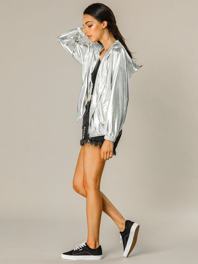 Holographic Party Shiny Lightweight Zipper Hooded Metallic Jacket