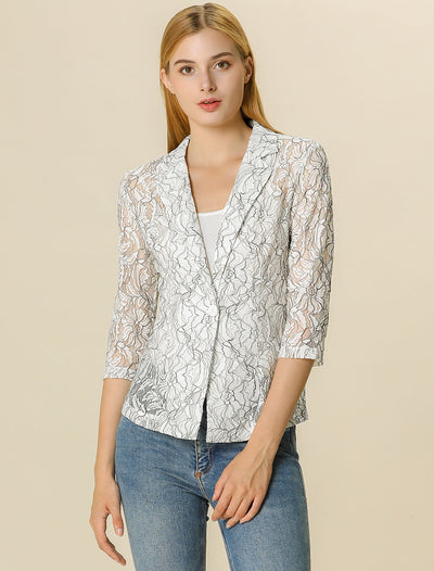 Lace Blazer 3/4 Sleeve Notched Lapel One-Button Work Office Cardigan