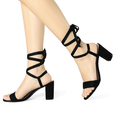 Faux Suede Lace Up Chunky Heel Slingback Sandals